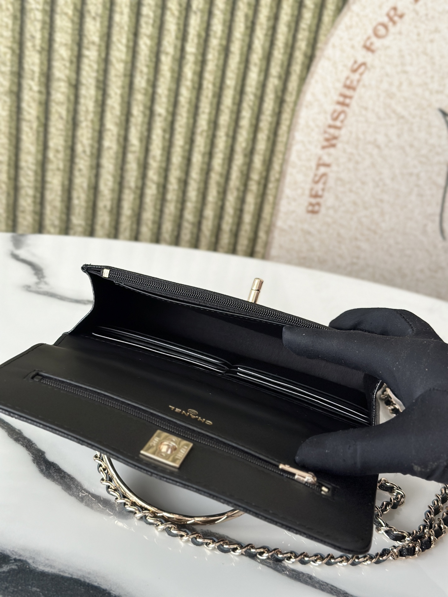 Black Caviar Quilted Wallet On Chain (WOC) with Silver Metal Top Handle - Mocuir