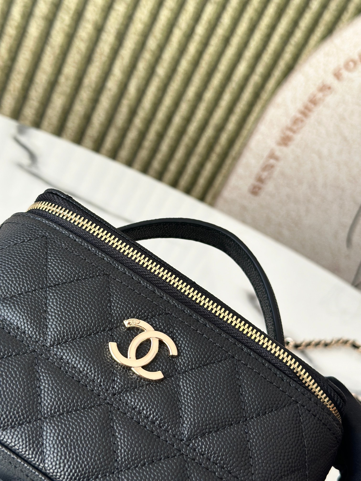 Mini Rectangular Vanity Case with Top Handle in Black Quilted Caviar Leather with Gold-Tone Hardware - Mocuir