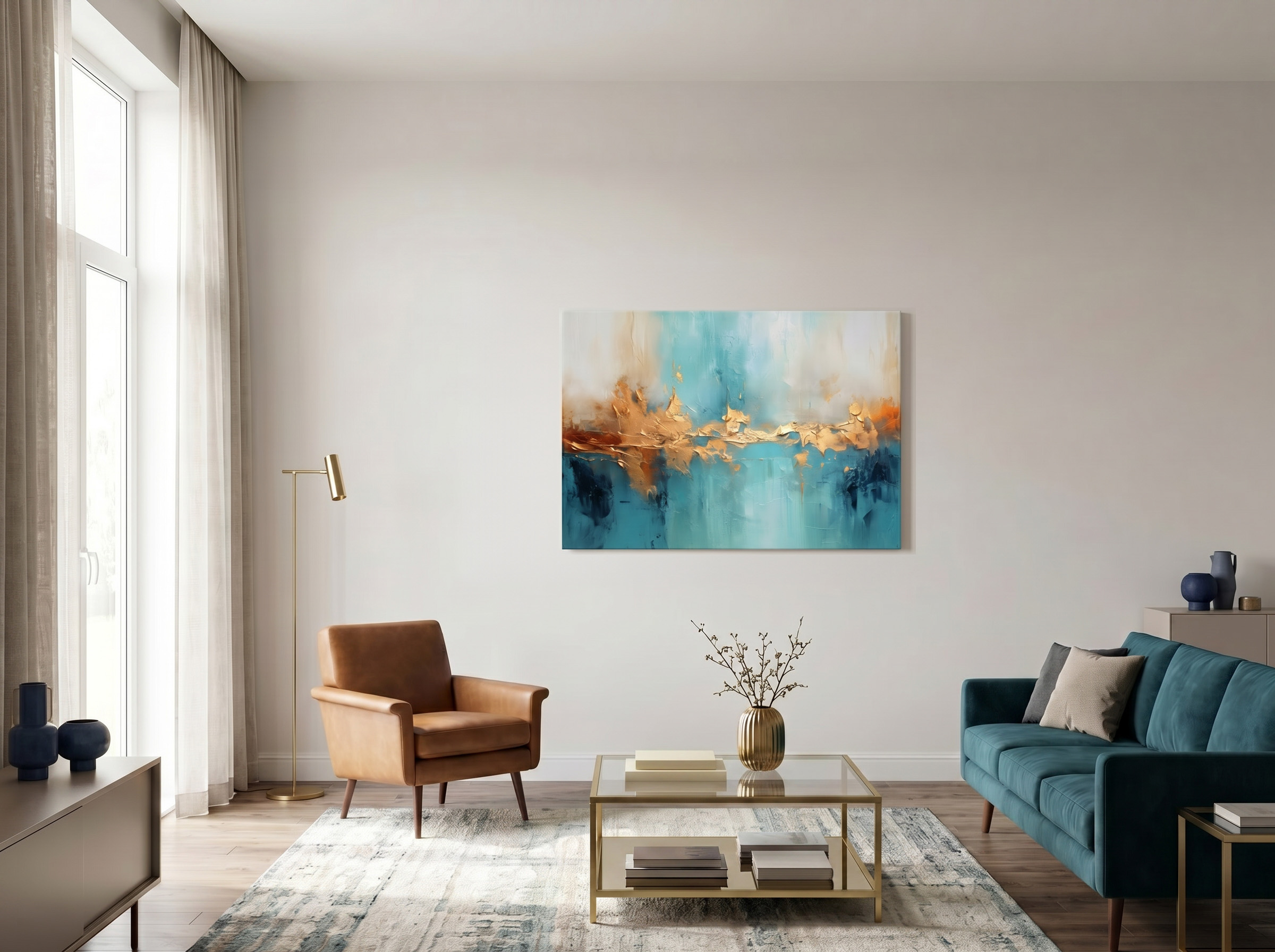 Abstract painting, gold and blue, large living room, 60x40