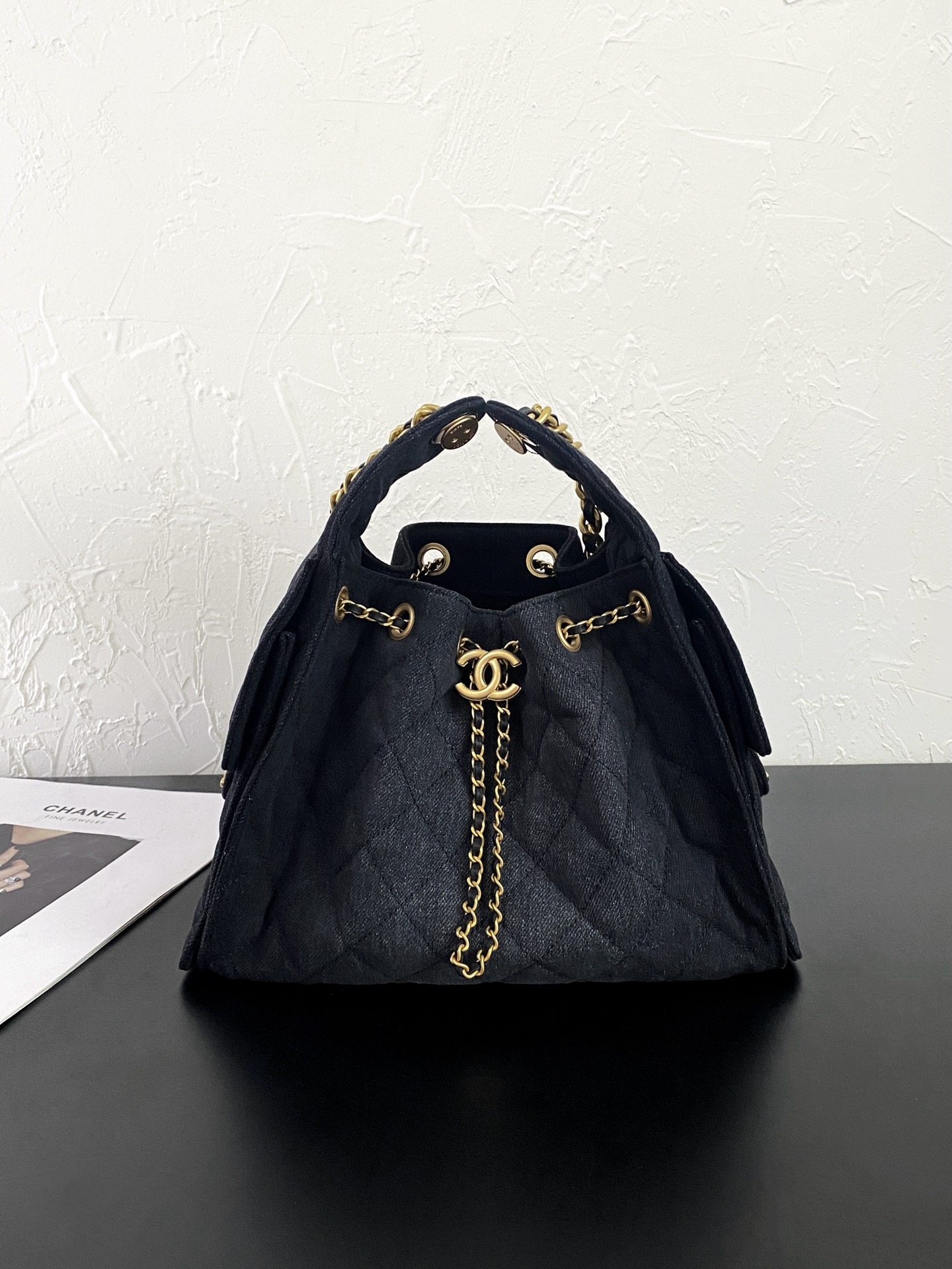 25K Quilted Denim Bucket Bag with Gold-Tone Hardware - Mocuir