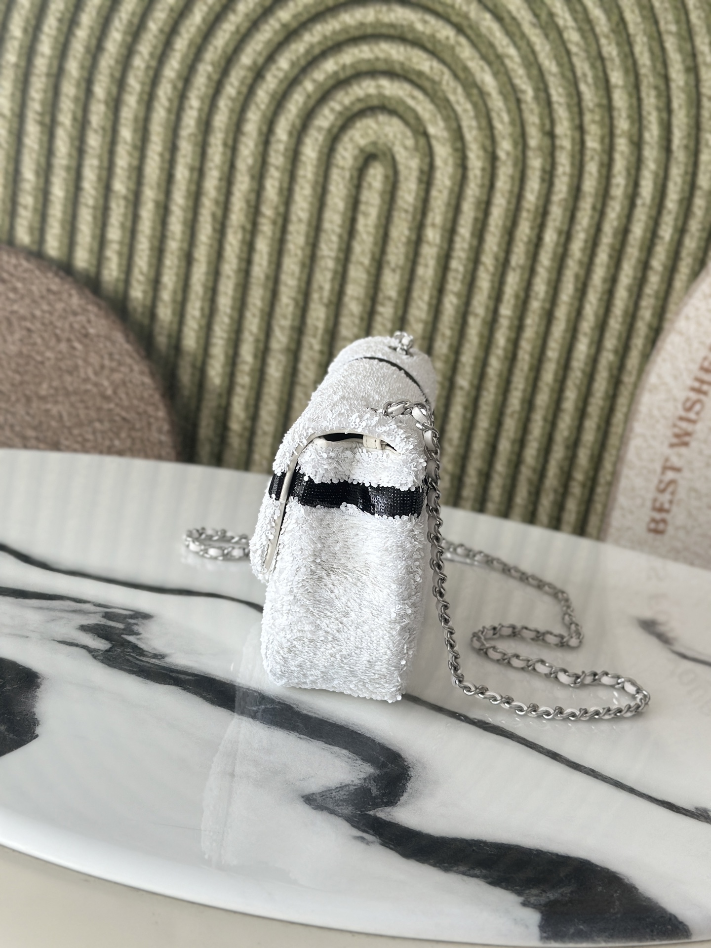 24B White & Black Sequin Bow Mini Classic Flap Bag with Silver-Tone Hardware - Mocuir