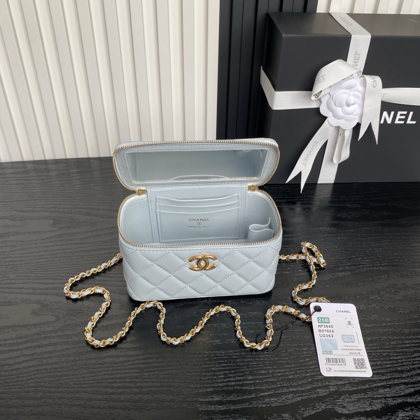 Small Vanity Case with Chain (AP3940) in Light Blue Shiny Lambskin with Gold-Tone Hardware, 25B Fall-Winter Collection - Mocuir