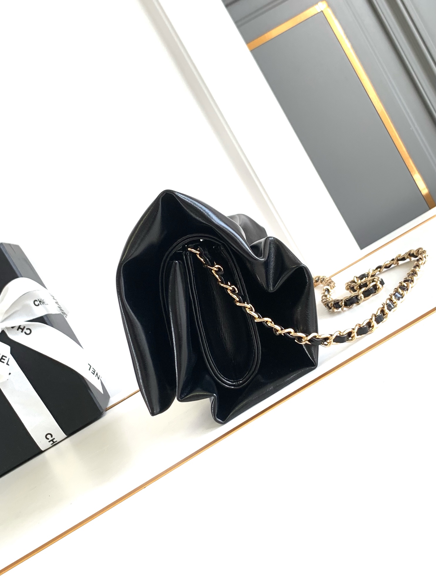 24C Bow Bag Clutch with Chain in Black Quilted Lambskin with Light Gold-Tone Hardware - Mocuir