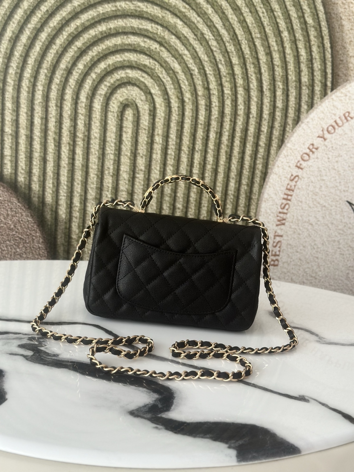 Classic Flap Mini with Top Handle in Black Quilted Caviar Leather with Gold-Tone Hardware - Mocuir