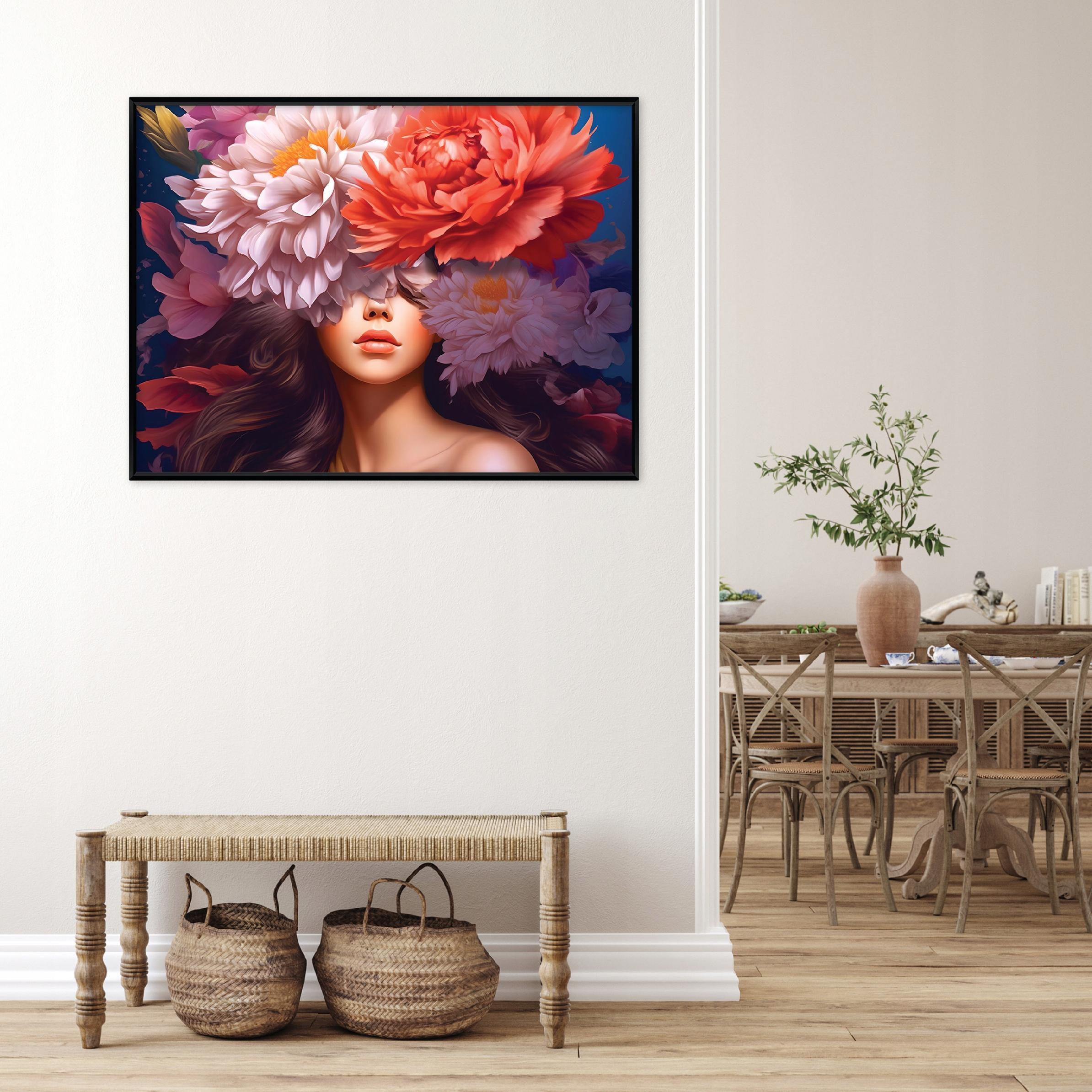 Black-framed canvas painting: woman with flowers, living room or bedroom, 40x30
