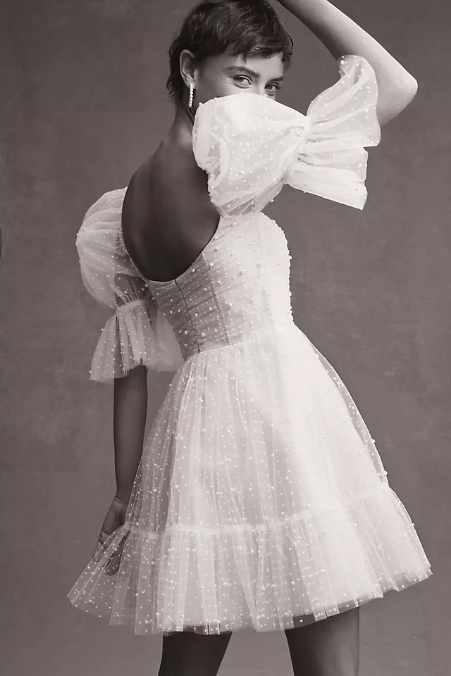 Watters Macaron Square-Neck Tulle Embellished Mini Dress IVORY