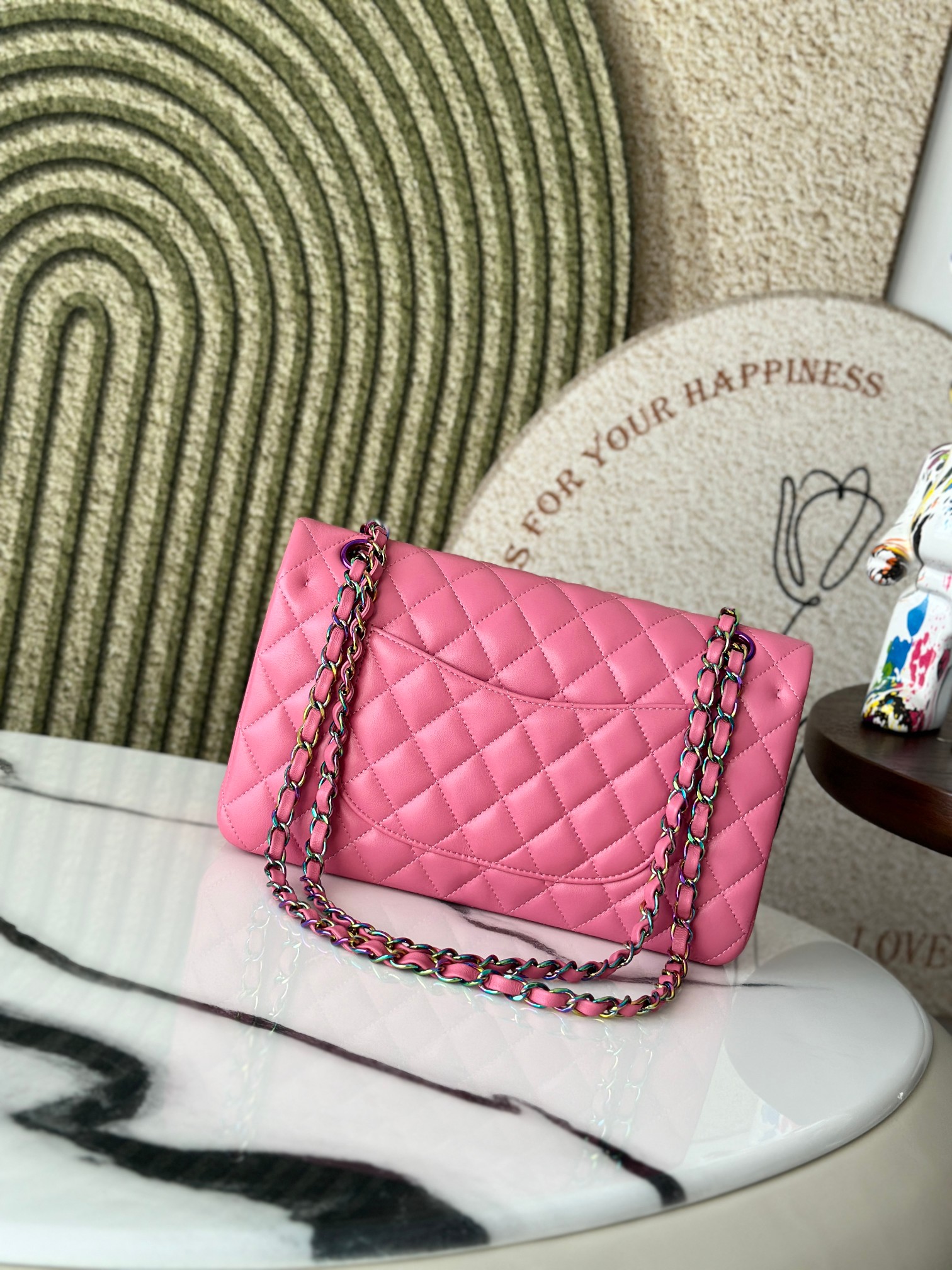 Classic Flap Medium Bag in Sakura Pink Lambskin with Iridescent Rainbow Hardware (Model A01112) - Mocuir