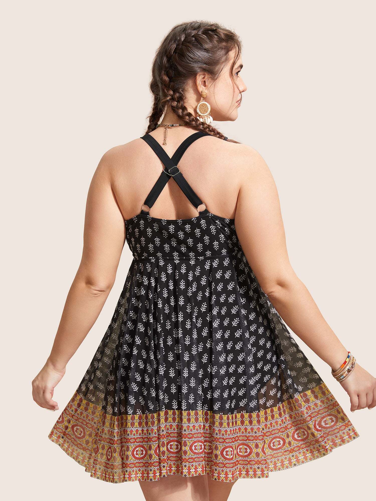Overlap Collar Boho Print Patchwork Swim Dress
