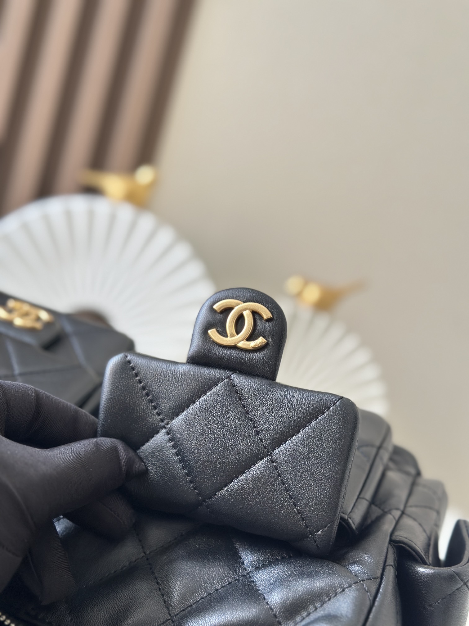 Black Quilted Lambskin Multi-Pocket Hobo Bag with Gold Hardware - Mocuir