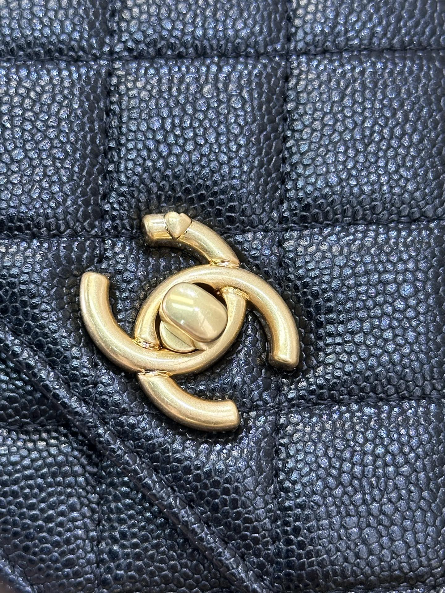 Classic Quilted Caviar Wallet on Chain with Heart Gold Ball in Black (Gold Hardware) - Mocuir