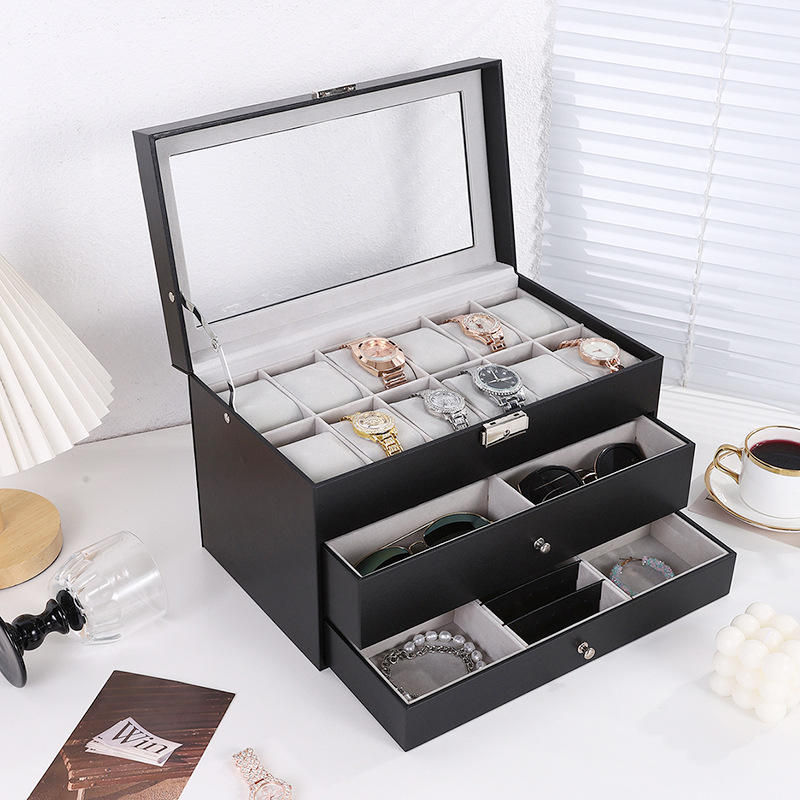 Black Leather Large Capacity Jewelry Box Three-Layer Watch Glasses Jewelry Storage Box Ring Earrings Display Storage Box