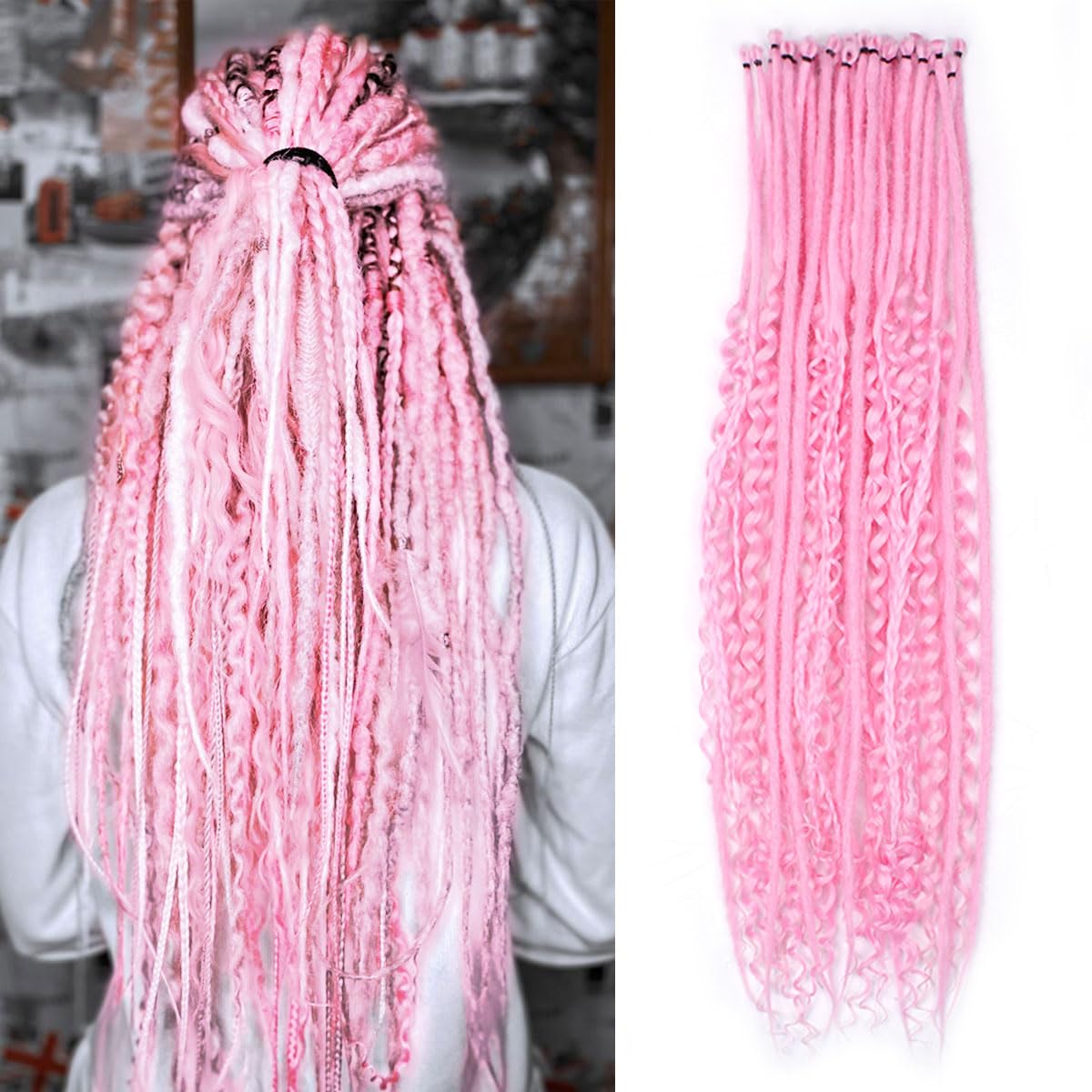 24 Inch 3 In 1 Dreadlock Extensions Sets, 30 Strands Mixed Hot Pink Synthetic SE Dreads Extensions, 100% Handmade Soft Single Ended Curly Boho Wavy Dreads for Girls