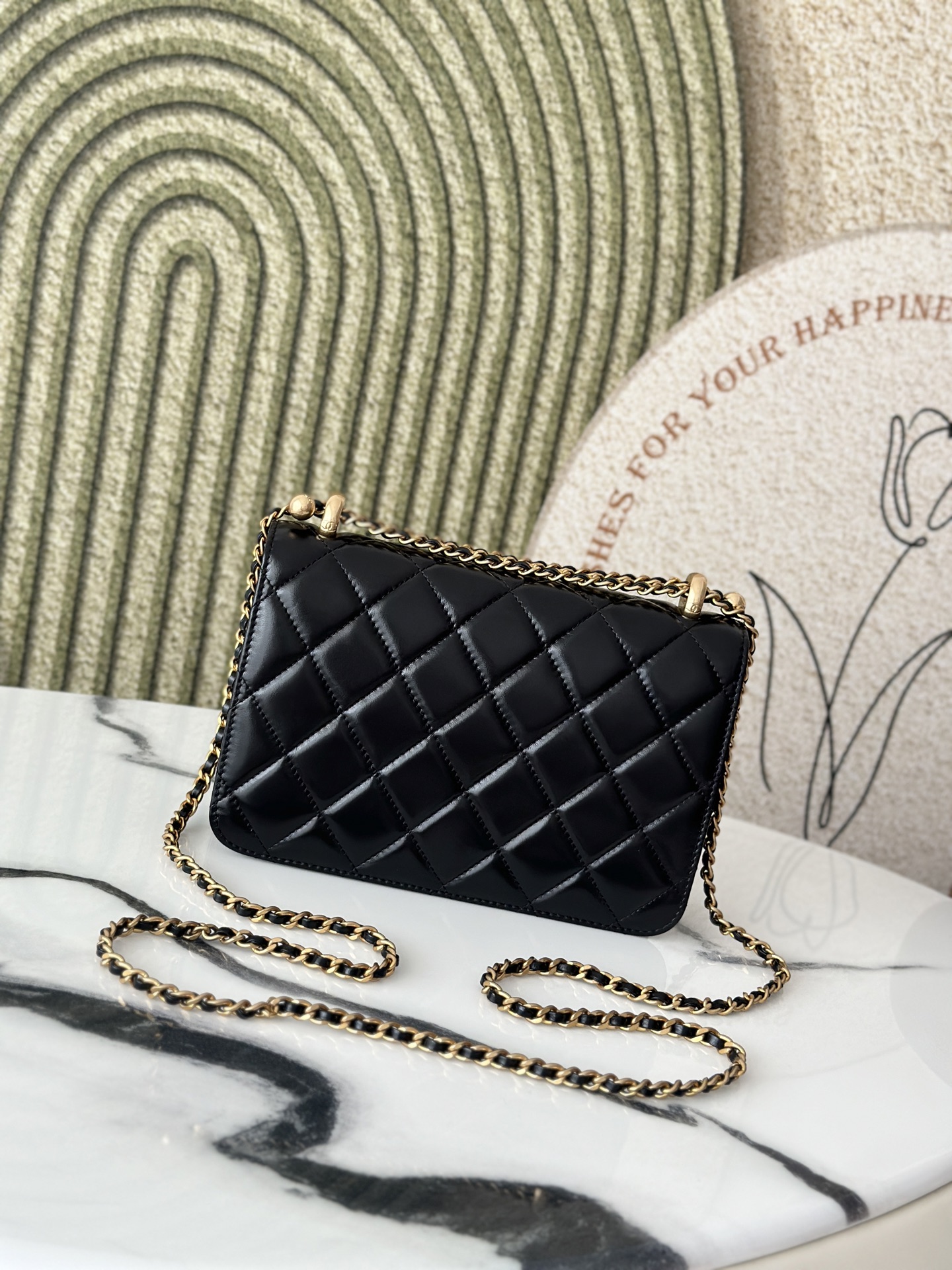 Small Flap Bag with Pearl Chain Detail in Black Shiny Calfskin with Gold-Tone Hardware - Mocuir