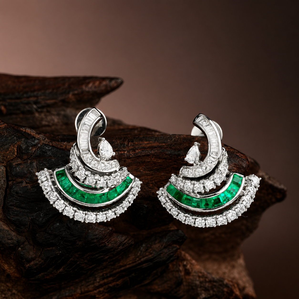Fan-shaped emerald and diamond stud earrings