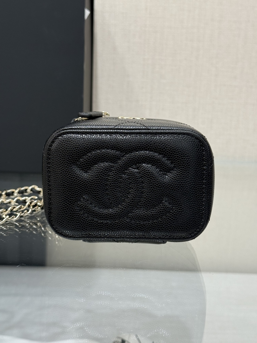Mini Top Handle Vanity Case (AS5993) in Black Quilted Grained Calfskin (Caviar) with Antique Gold-Tone Hardware - Mocuir