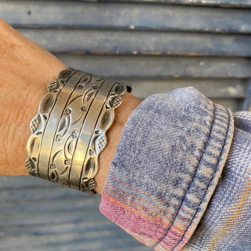Wide Sterling Silver Cuff Bracelet with Stamp Decoration