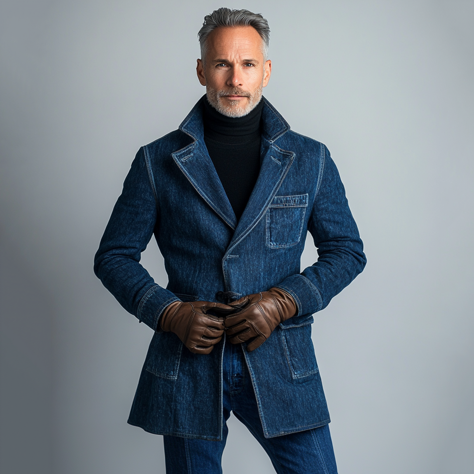 Men's Lapel Collar Single Breasted Pockets Denim Coat