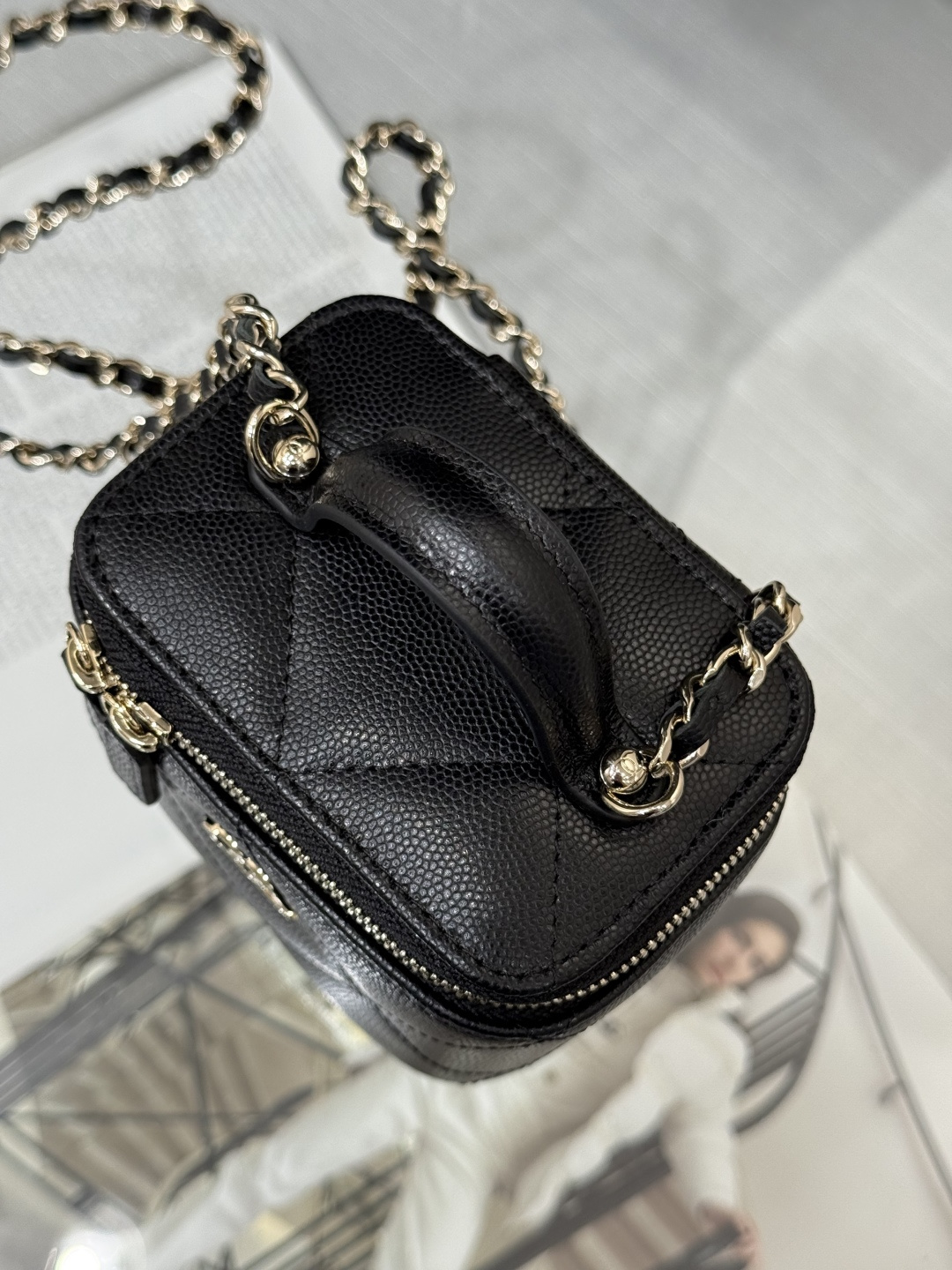 Mini Top Handle Vanity Case (AS5993) in Black Quilted Grained Calfskin (Caviar) with Antique Gold-Tone Hardware - Mocuir
