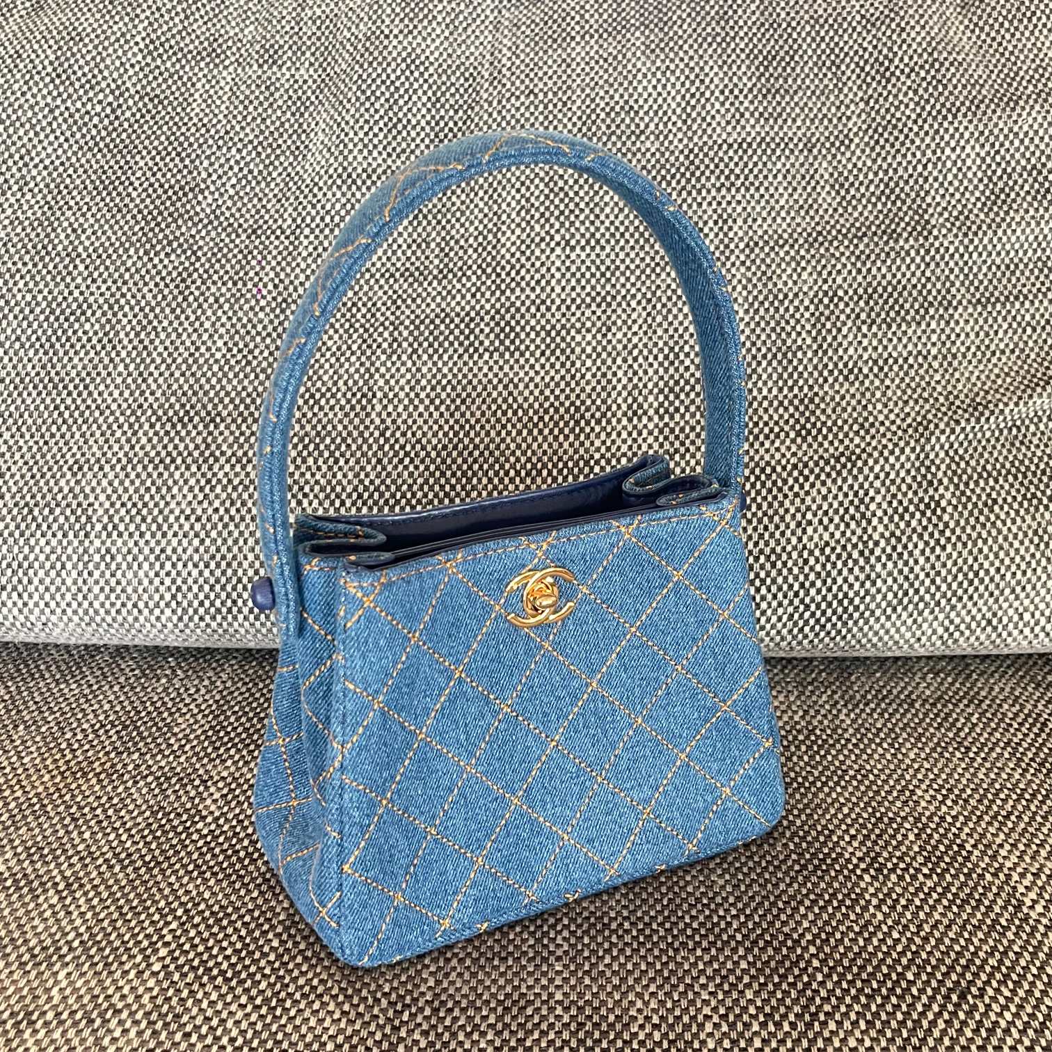 Vintage Blue Denim Quilted Mini Kelly Handbag with Gold-Tone CC Turn-Lock - Mocuir