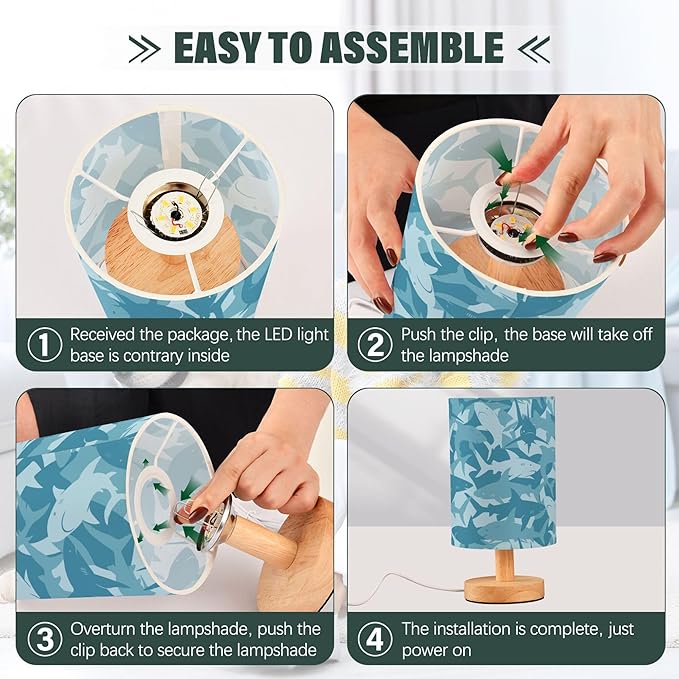 TWINKLETALE Table Lamp Blue Shark Pattern Marine Animal Nightstand Lamp