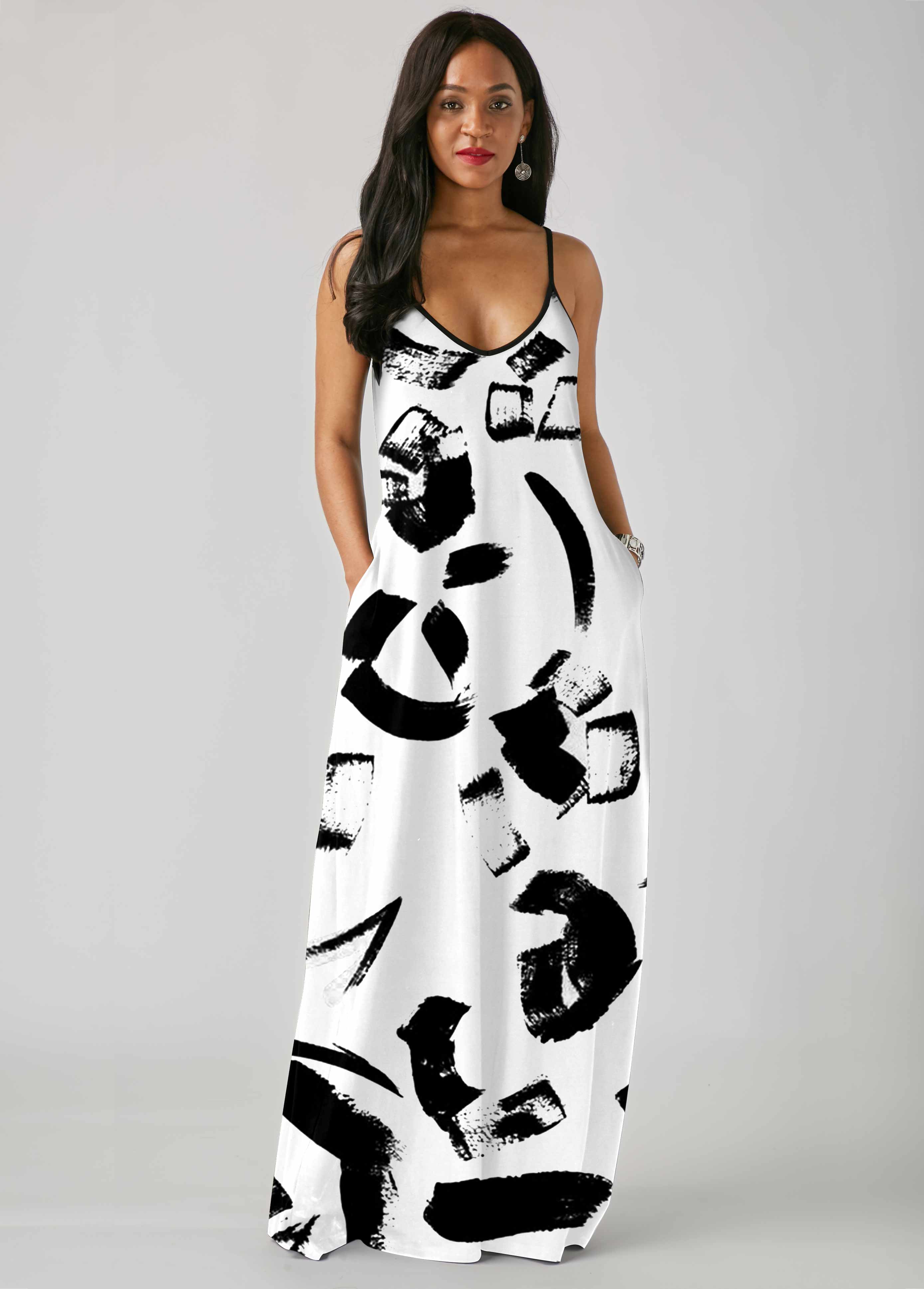 Printed Side Pocket Spaghetti Strap Dress