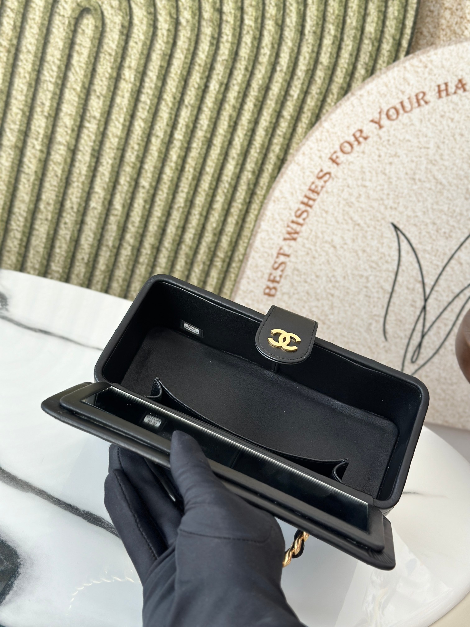 Black Lambskin Quilted Long Vanity Case with Chain Handle - Mocuir