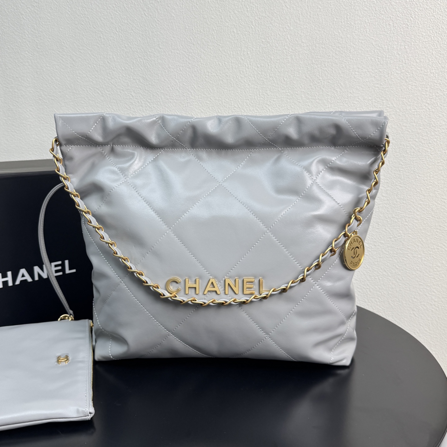 22 Bag Quilted Shiny Calfskin in Light Grey (Gold Hardware) - Mocuir