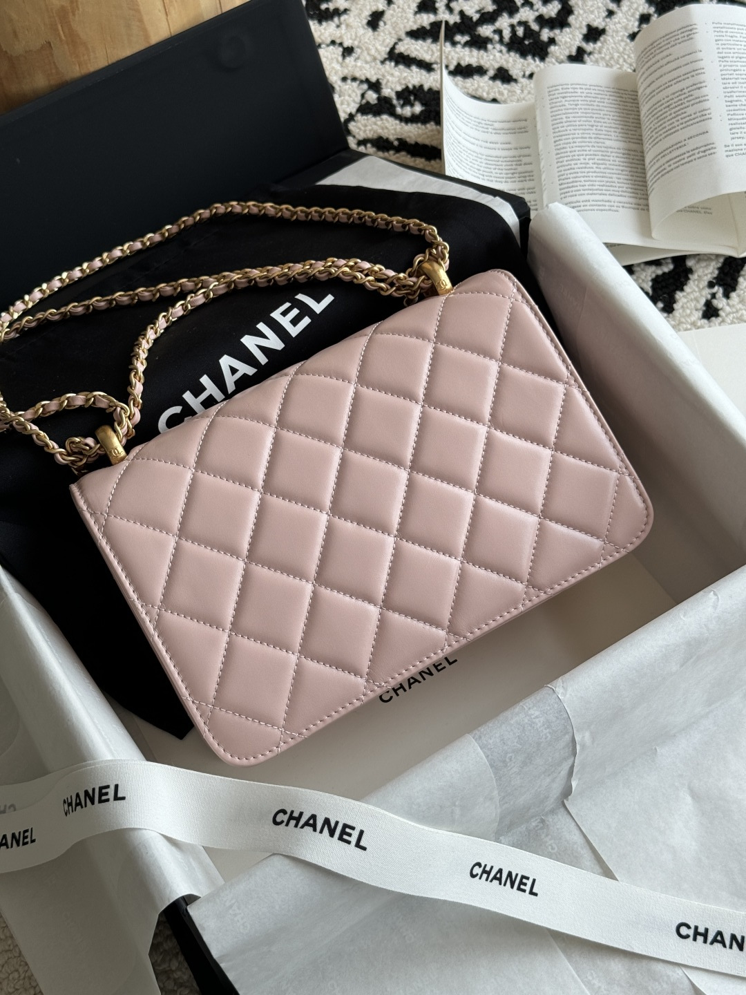 Wallet On Chain (WOC) with Double Gold Balls in Light Pink Quilted Shiny Caviar Leather with Antique Gold-Tone Hardware - Mocuir