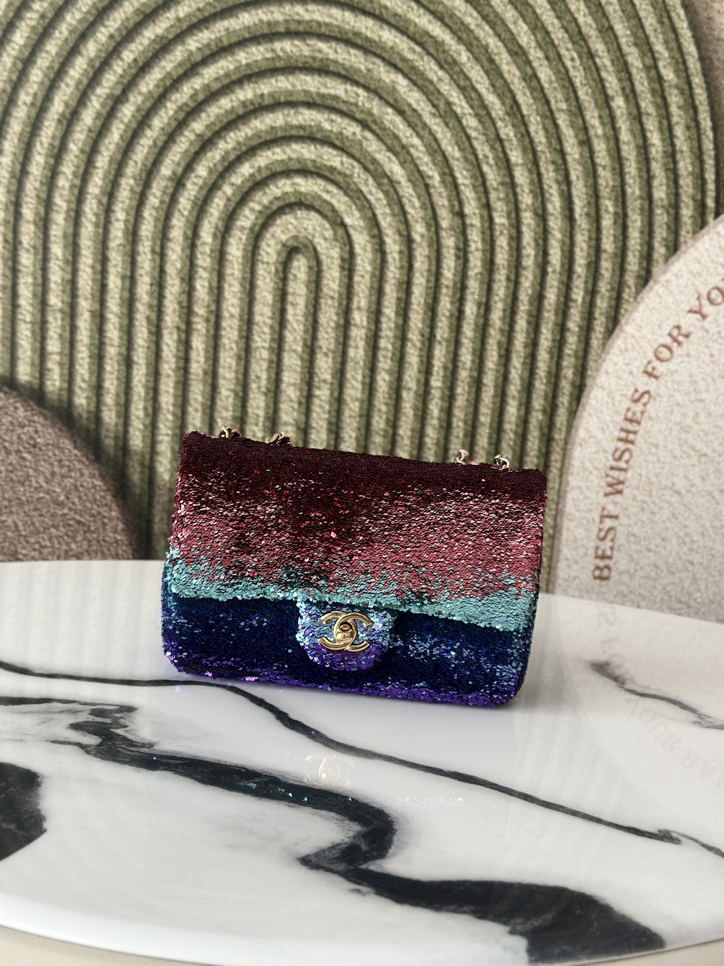Limited Edition Ombré Rainbow Sequin Mini Classic Flap Bag with Gold-Tone Hardware - Mocuir