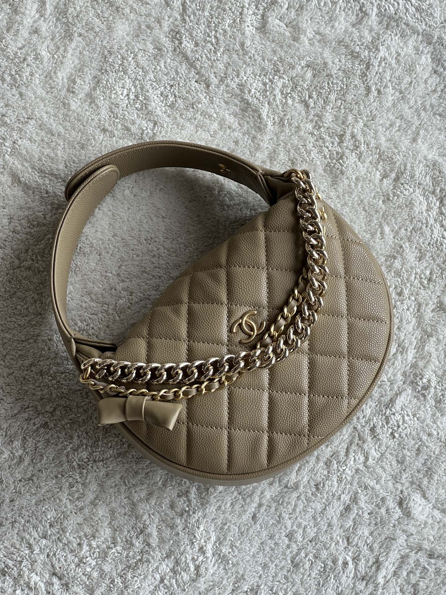24S Half Moon Hula Hoop Bag in Dark Beige Quilted Caviar Leather with Light Gold-Tone Hardware and Bow Detail - Mocuir