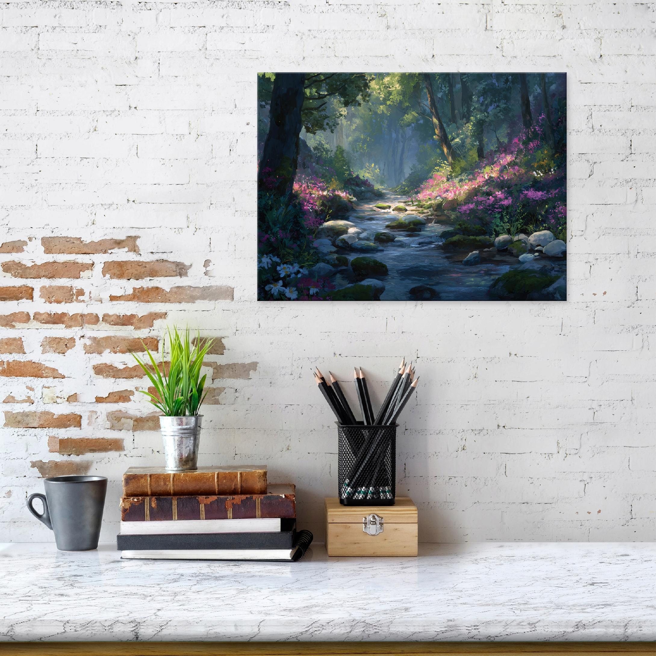 Painting of a forest, river, trees, landscape for the bedroom or living room on canvas, 60x40
