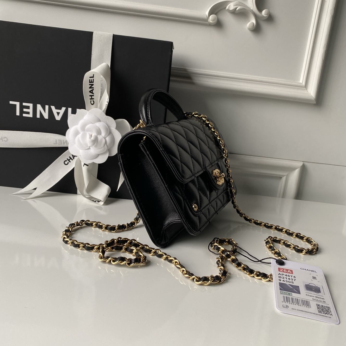 Mini Top Handle Flap Messenger Bag in Black Quilted Lambskin with Light Gold-Tone Hardware - Mocuir