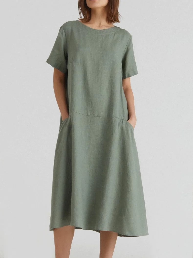 Round Neck A-Line Loose Two Pocket Short Sleeve Mid Sleeve Cotton Linen Dress