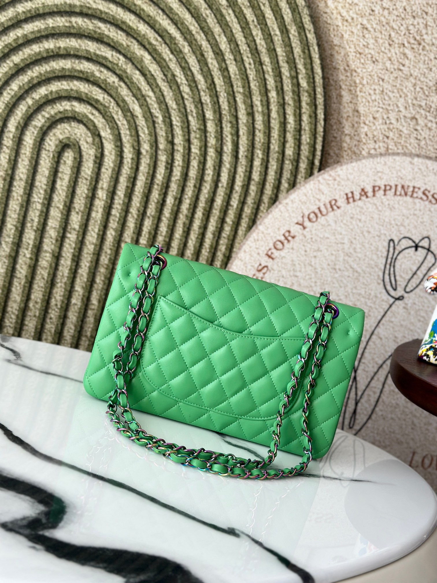 Classic Flap Medium Bag in Avocado Green Lambskin with Iridescent Rainbow Hardware (Model A01112) - Mocuir