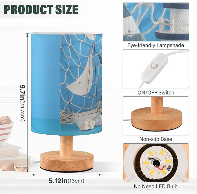 TWINKLETALE Table Lamp Nautical Sailboat Lighthouse Starfish Seashell Fishnet Blue Wood Nightstand Lamp
