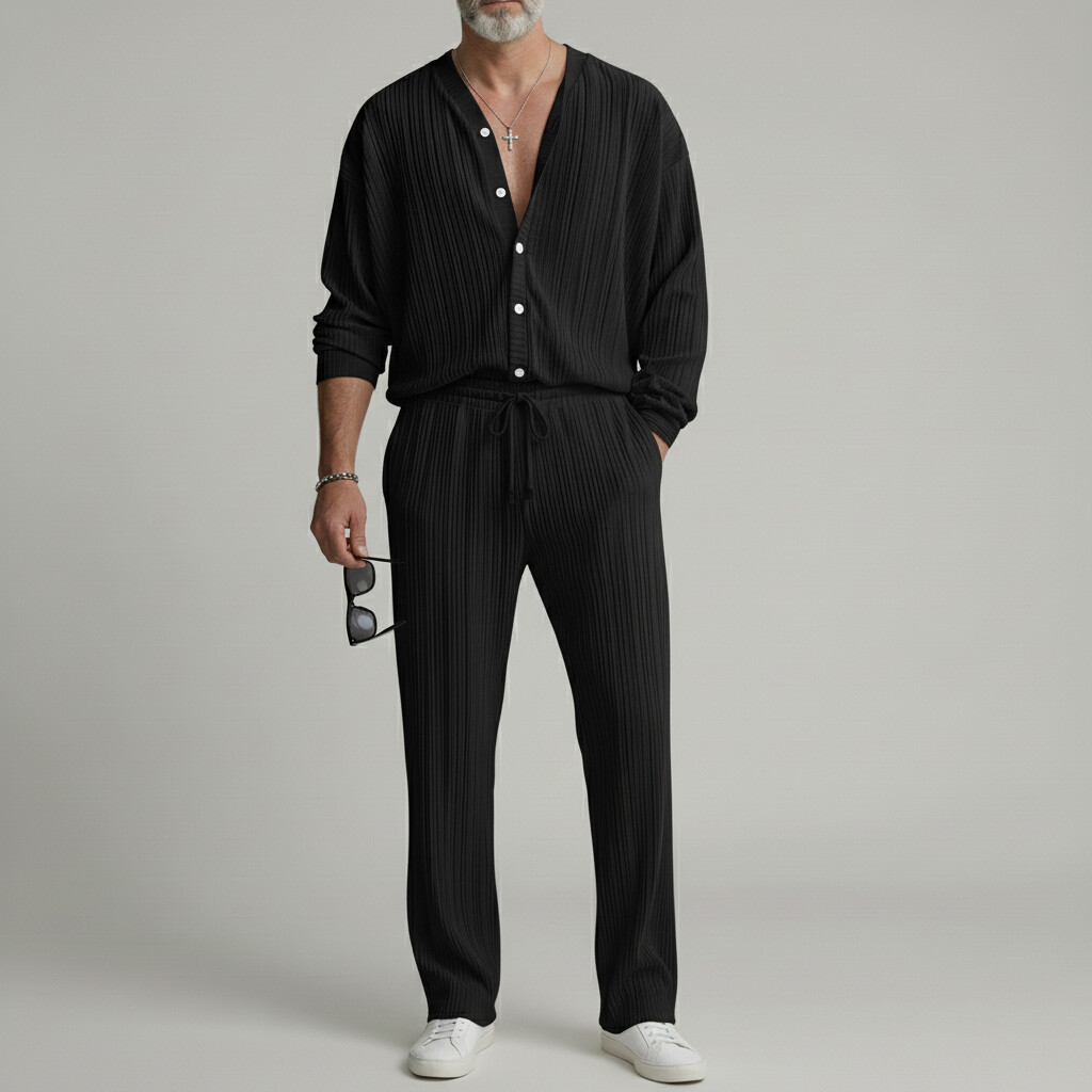 Men's Solid Color Pit Stripe Loose Long Sleeve Shirt & Drawstring Pants 2Pcs Set