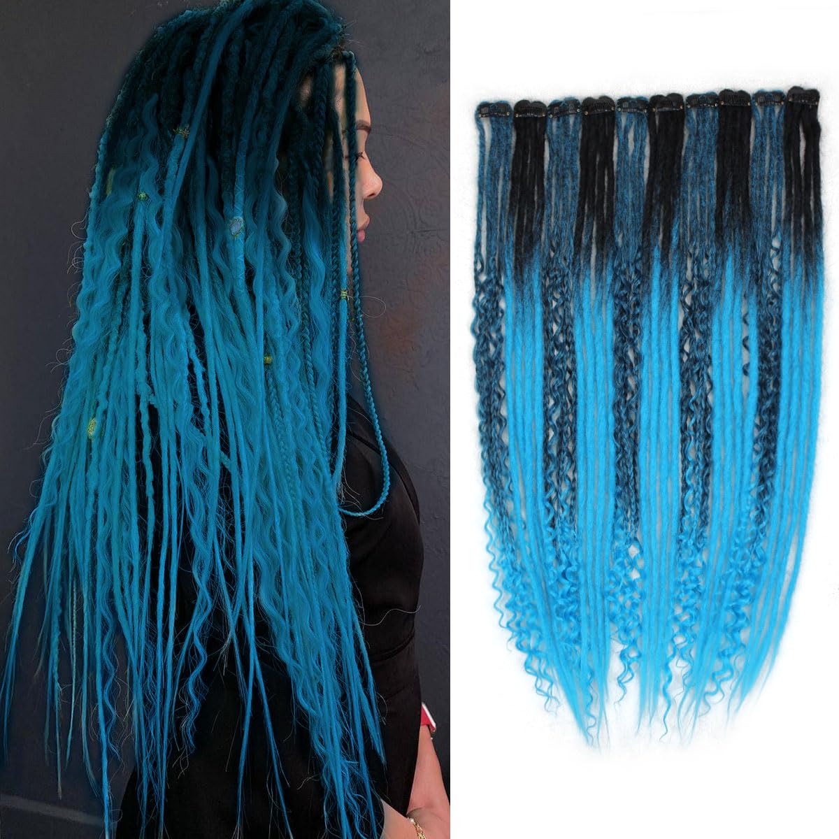 10PCS Clip in Dreadlock Extensions Full Sets, 24 inch Synthetic Clip Dreads Extensions Handmade Soft(Black/Blue, Clip-in 40 Strands)