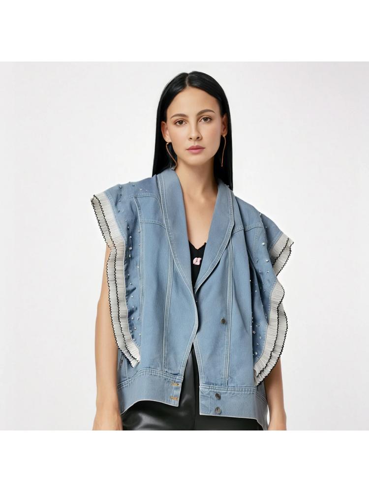 Faux Pearl Embellished Denim Ruffle Vest