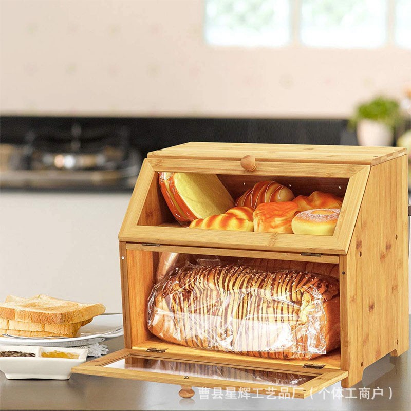 Wooden double bread box desktop kitchen baking cake storage box