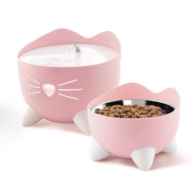 Catit Pixi Combo sett drikkefontene & hevet matskål rosa