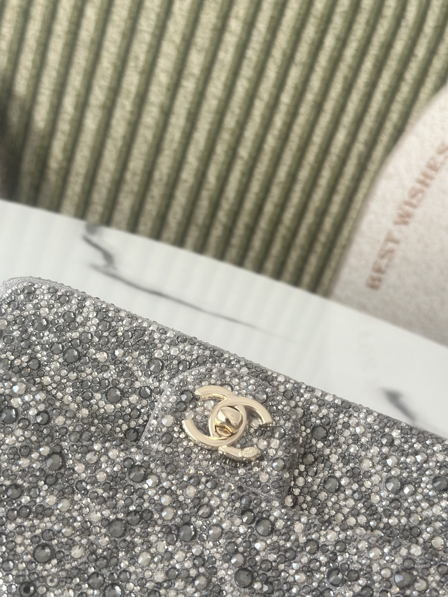 Classic Flap Mini Bag in Silver Grey Strass Crystal Embellished Suede (Gold Hardware) - Mocuir