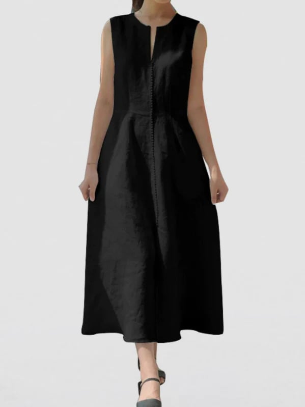 V-Neck Waisted Cotton And Linen Hem Slit Sleeveless Dress