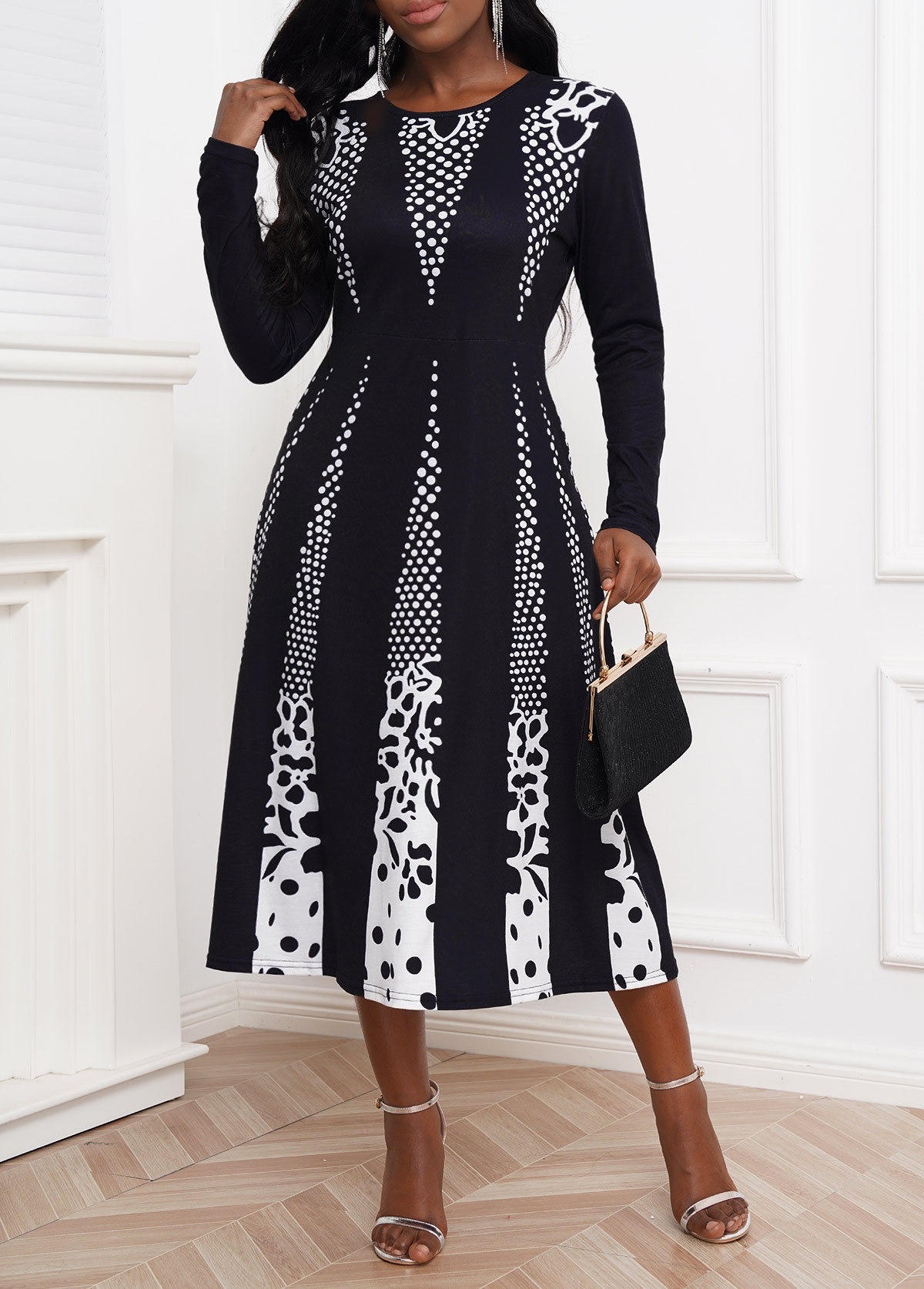 Contrast Long Sleeve Polka Dot Dress