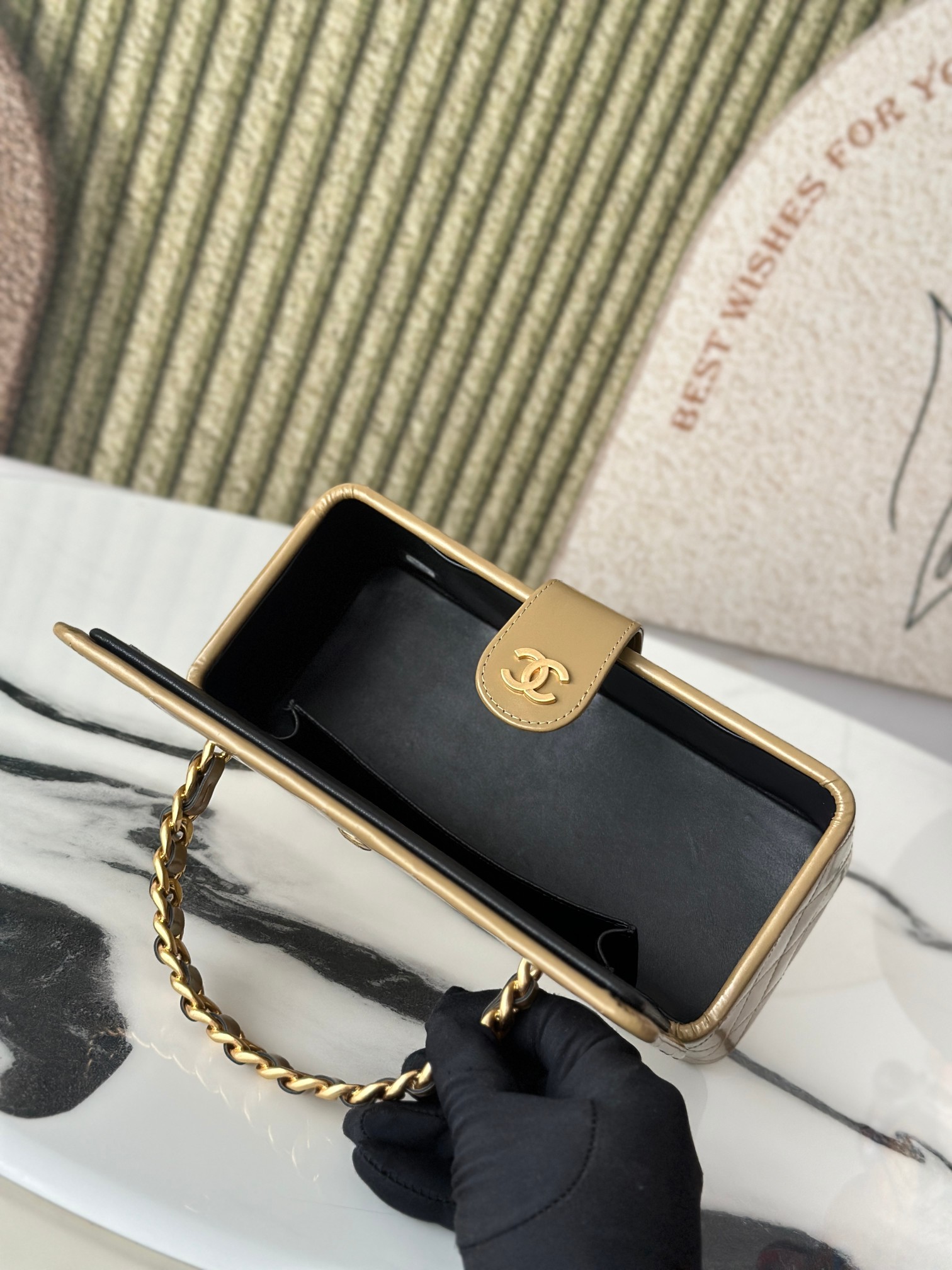 Quilted Patent Leather Long Vanity Case Bag with Chain Handle, Gold Hardware (Model AP5212) - Mocuir