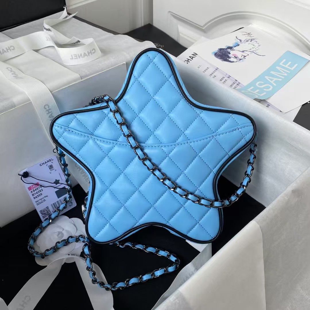 24C AS4579 Star Bag Sky Blue and Black Satin Black Metal Hardware
