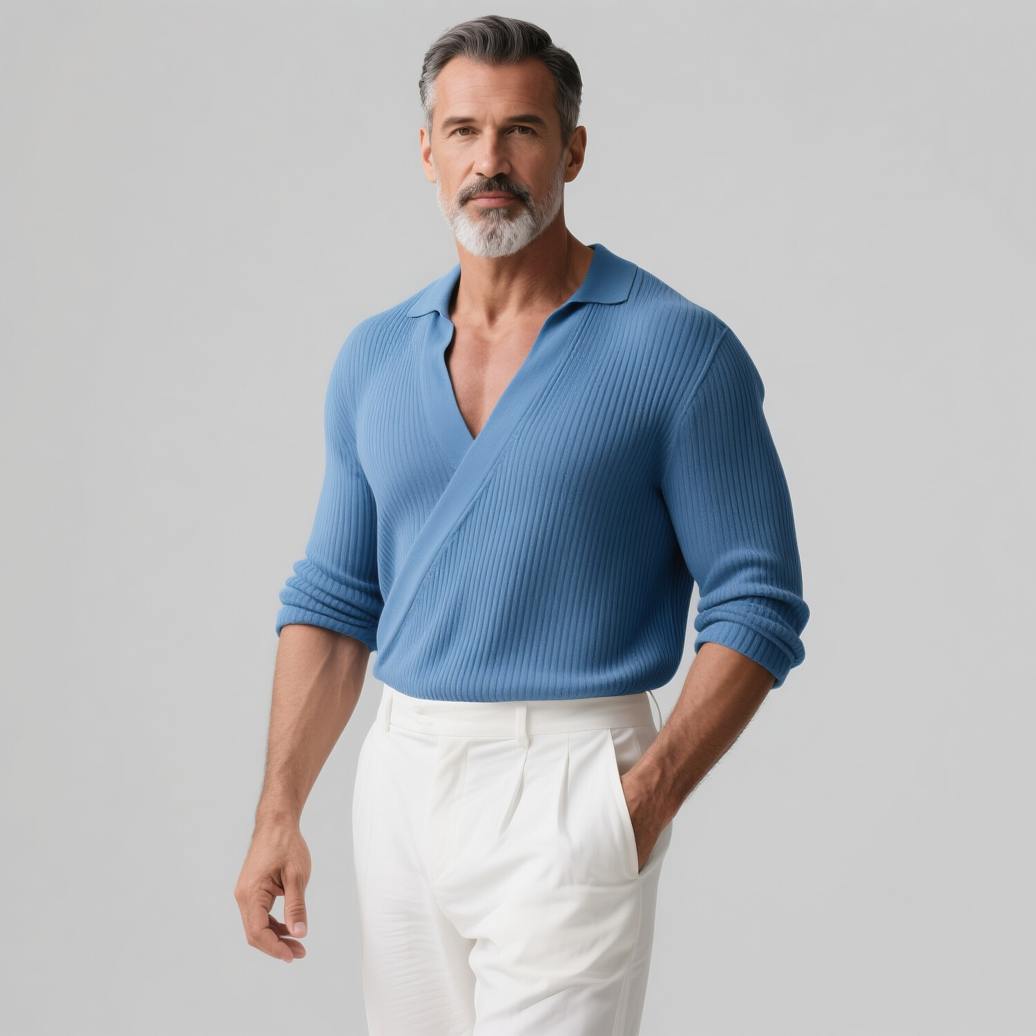 Men's Turndown Collar Wrap Long Sleeve Ribbed Knit Shirt