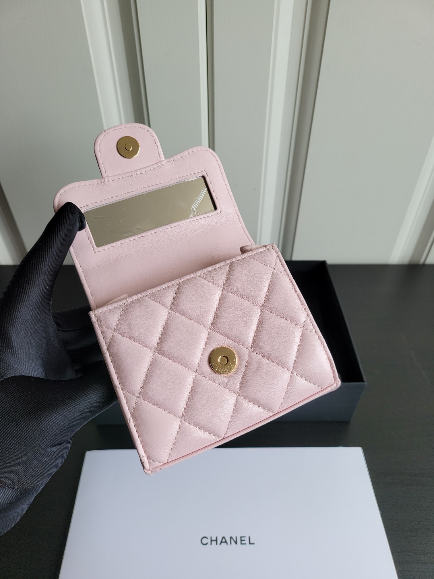 23P Mini Classic Flap Bag with Top Handle in Sakura Pink Quilted Smooth Lambskin with Light Gold-Tone Hardware - Mocuir