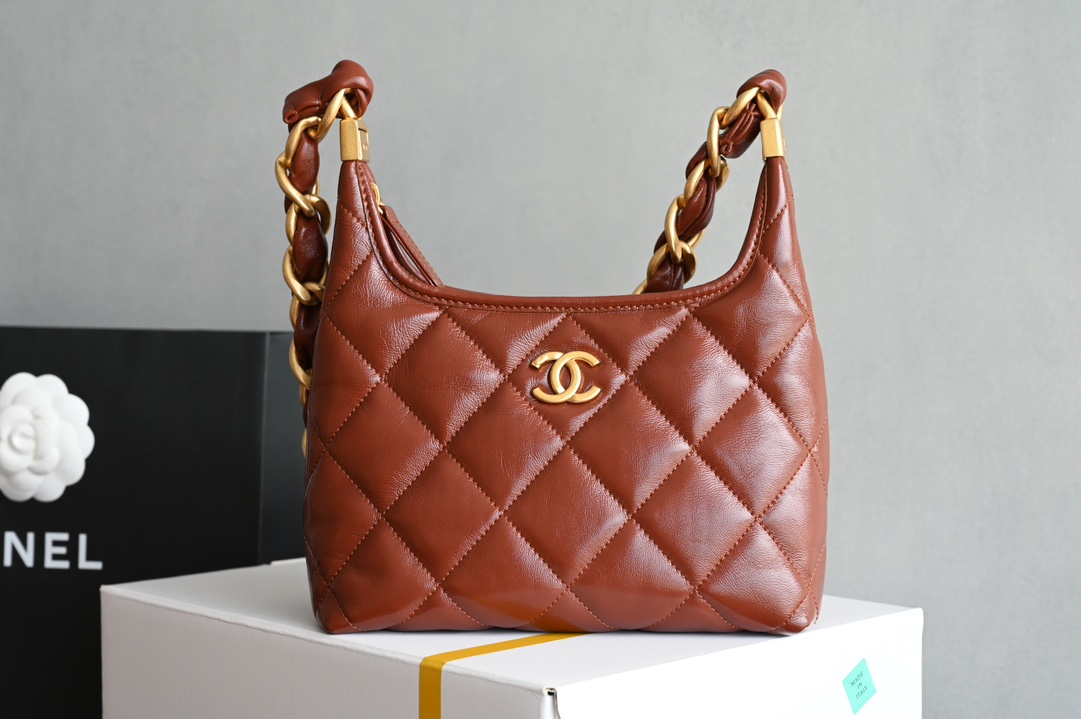 Small Hobo Bag in Caramel Quilted Waxed Lambskin with Vintage Gold-Tone Metal (Model AS4922) - Mocuir