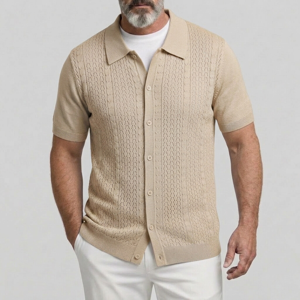 Men's Solid Color Cable Knit Herringbone Short Sleeve Casual Shirt