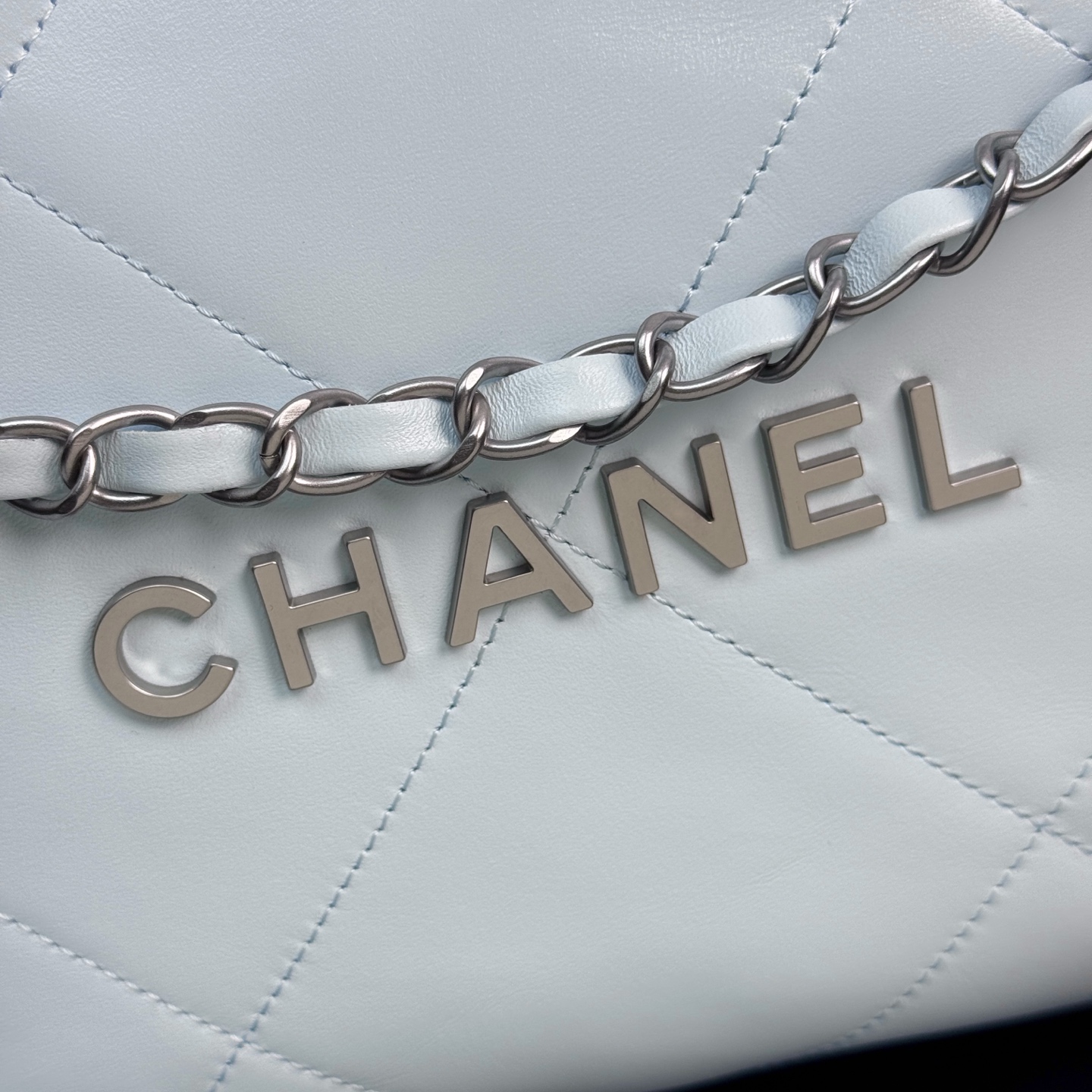 22 Bag Quilted Shiny Calfskin in Light Blue (Silver Hardware) - Mocuir